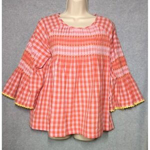 New Ivy Jane Checked and Tucked Top M Pink Yellow Crochet Trim Farm House Chic